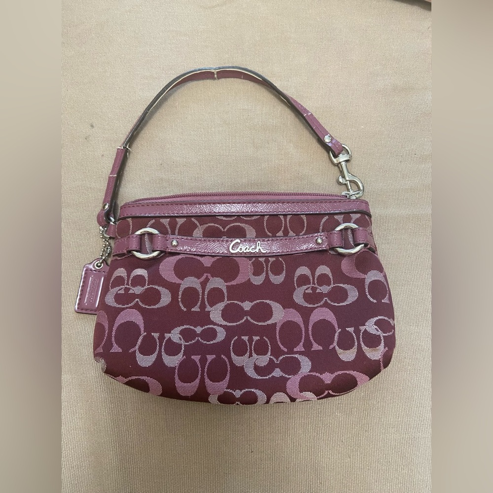 Coach Burgundy Monogram Wristlet Pouch Silver Tone Hardware